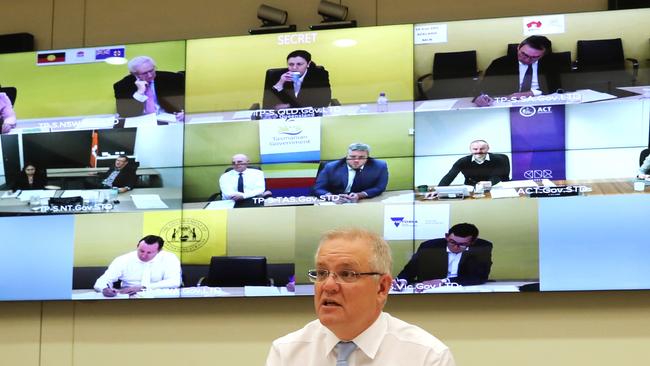 Prime Minister Scott Morrison holds a National Cabinet meeting with all the State leaders at Parliament House in Canberra on Friday, August 7, 2020. Picture: Adam Taylor/PMO