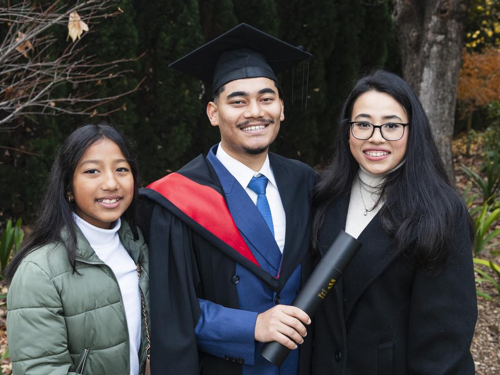 Bachelor of Information Technology graduate Babi Prajapati with Krisha Awal (left) and Bindiya Naga at a UniSQ graduation ceremony at The Empire, Tuesday, June 25, 2024. Picture: Kevin Farmer