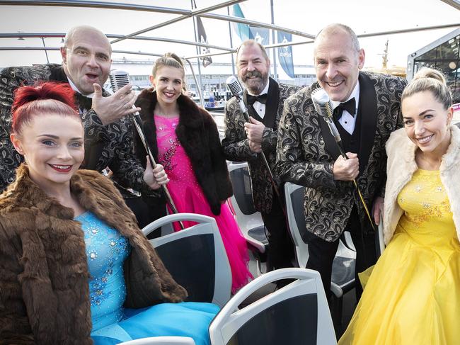 CROON'S Ali White, John X, Meagan Free, Colin Dean, Andrew Colrain and Laura Brown perform onboard Experience Tasmania Gray Line at Hobart. Picture Chris Kidd