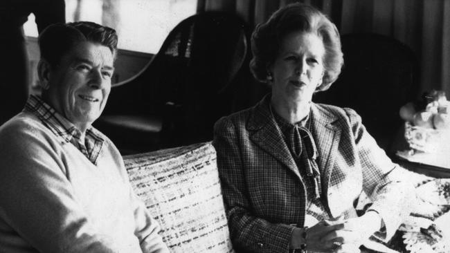 Ronald Reagan and Margaret Thatcher at Camp David presidential retreat in 1984.