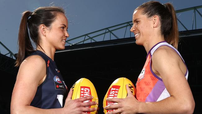 Victorian captain Daisy Pearce faces off Allies counterpart Chelsea Randall at Etihad Stadium. Picture: Getty Images