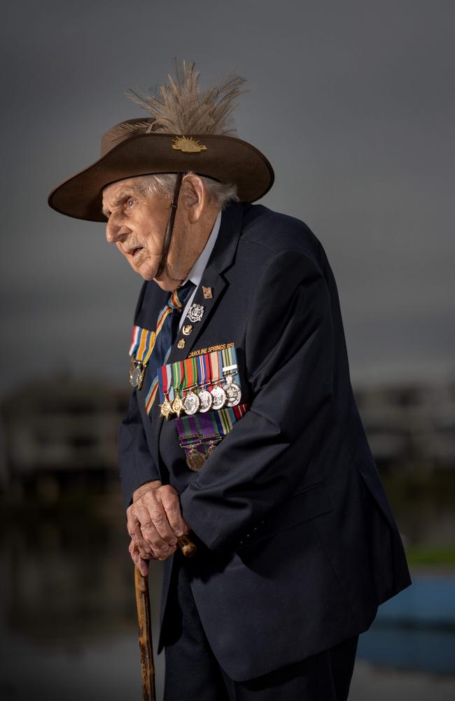 Australian World War II digger, Allan Godfrey, with his Light Horse hat and feather and medals. Picture: Tony Gough