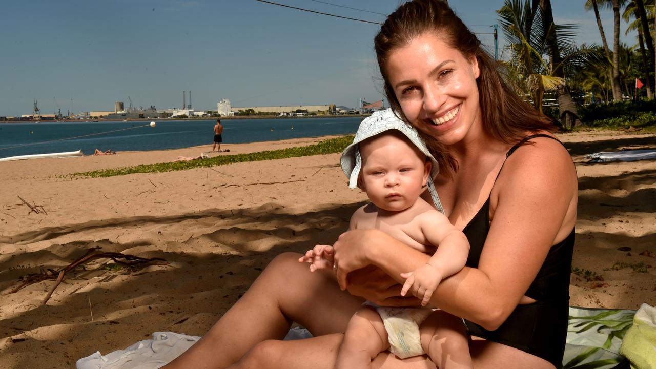 Townsville residents relaxing on the Strand after the relaxation of COVID-19 restrictions. Ellie Kalachoff with Kyle, 5 months, from Hermit Park. Picture: Evan Morgan