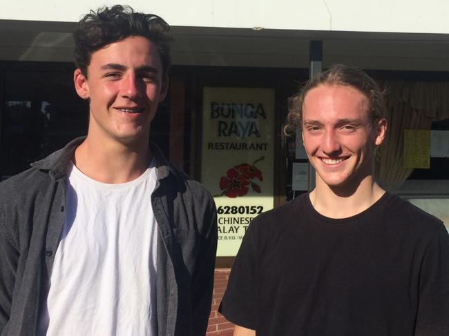 L-R Monty Greenslade, 16, and Gabe Vidler, 17. Gabe (right) has followed up his rescue by turning up to work the afternoon shift in the Alstonville local Thai Resturant. Photo: Nicholas McElroy