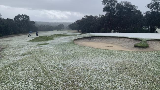 Hail has touched down across the region, including at Anglesea Golf course. Picture: Supplied