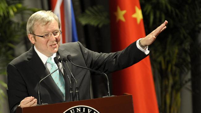 Then prime minister Kevin Rudd giving a speech in Mandarin at Beijing in 2008. In a speech delivered to university students, Rudd said there were significant human rights problems in Tibet, Picture: AFP