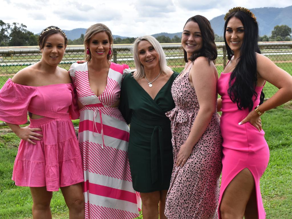Alysha Land, Allira Mitchell, Leane Assay, Tamaine Weir and Kailah Warren at The Archer race meeting at Callaghan Park, Rockhampton, on May 7, 2022.