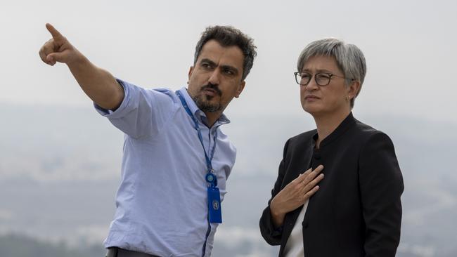 Foreign Minister Penny Wong meets with victims of settler violence in Ramallah in the West Bank on Wednesday. Picture: DFAT