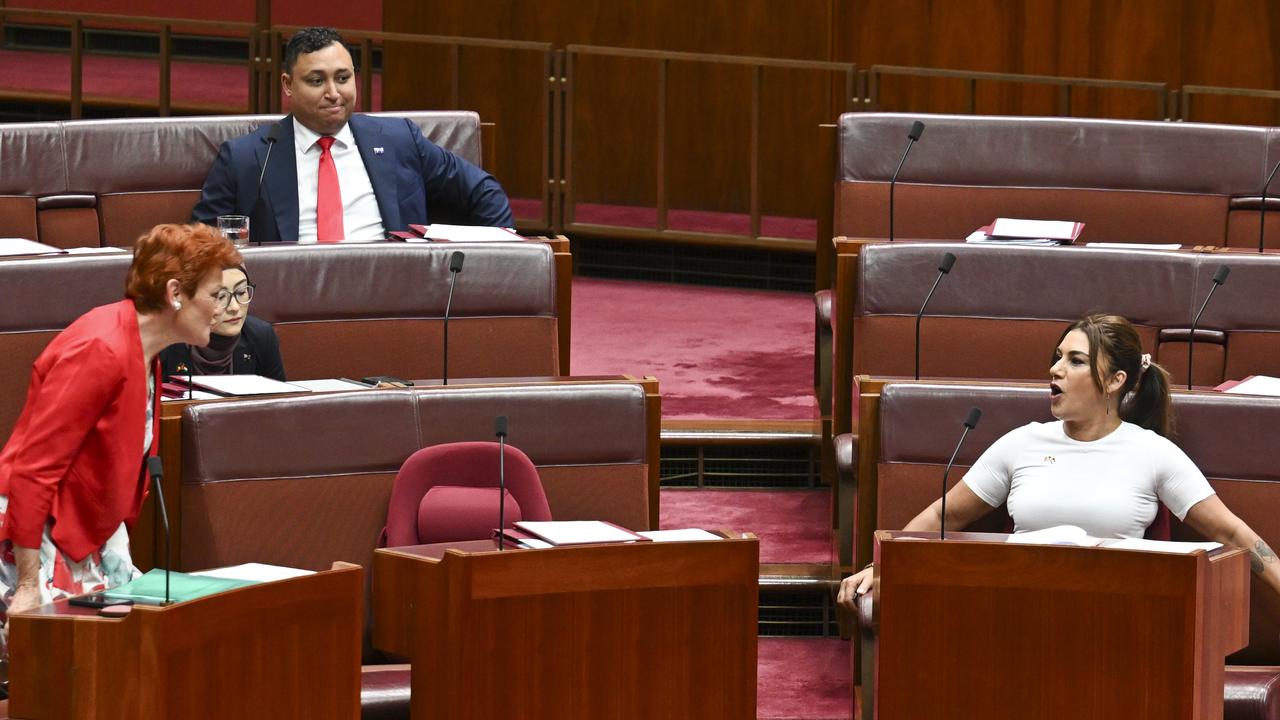 A stoush erupted in the Senate between Pauline Hanson, Lidia Thorpe and Fatima Payman. Picture: NewsWire / Martin Ollman