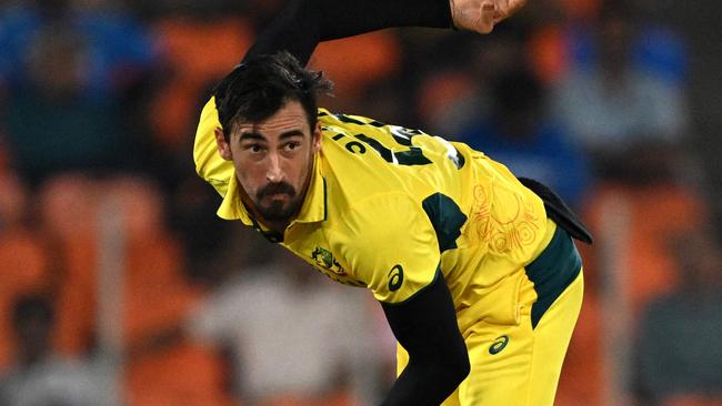 Australia's Mitchell Starc bowls during the 2023 ICC Men's Cricket World Cup one-day international (ODI) match between England and Australia at the Narendra Modi Stadium in Ahmedabad on November 4, 2023. (Photo by Money SHARMA / AFP) / -- IMAGE RESTRICTED TO EDITORIAL USE - STRICTLY NO COMMERCIAL USE --