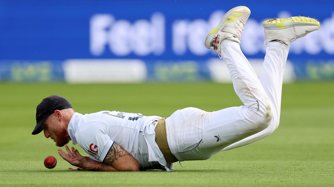 England captain Ben Stokes spills a chance off Lyon that would’ve put his side in the box seat. Picture: Getty