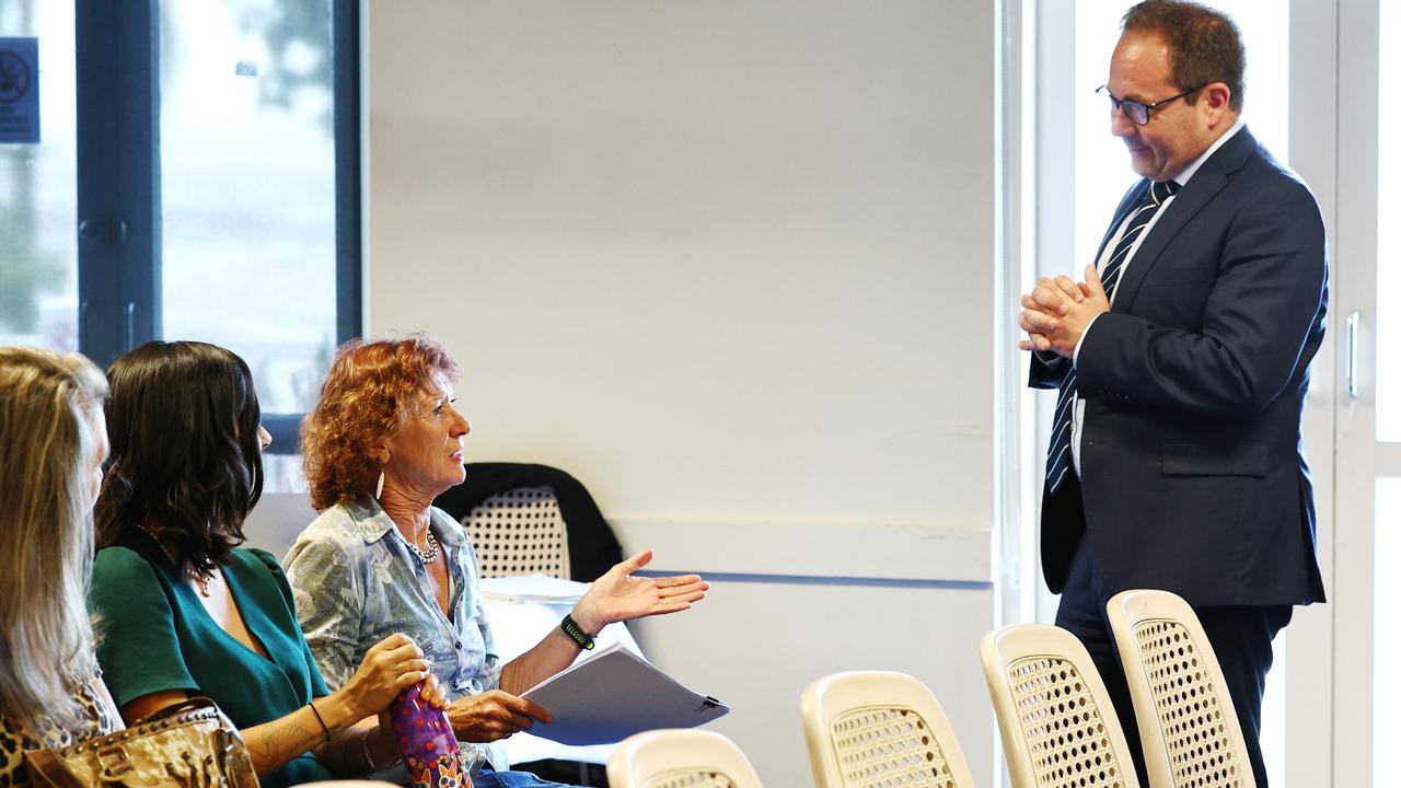 Sioux Campbell of the Northern Beaches Flood Recovery Group speaks to inquiry chairman Daniel Mulino. Picture: Brendan Radke