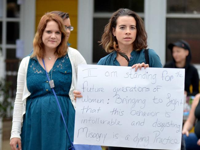 Women protesting against owners of the High Five coffee bar, Jared Rutledge and Jacob Owens, in Asheville, North Carolina. Picture: Ashevilleblog.com