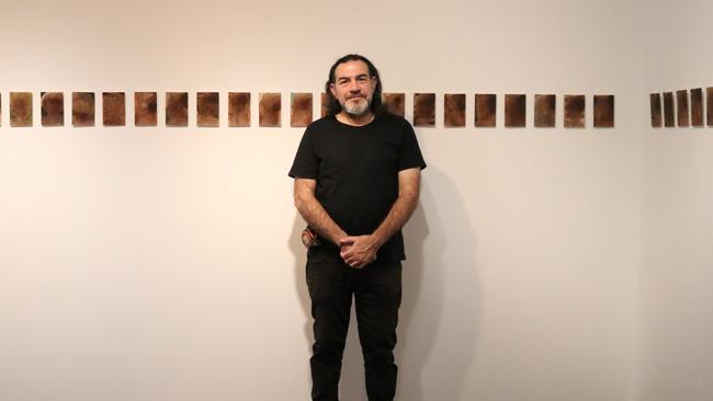 Khaled Sabsabi with one of his works at the Mosman Art Gallery in Sydney.