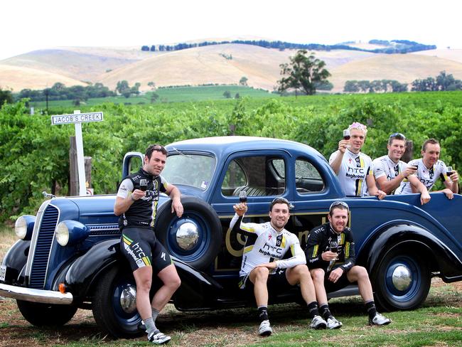 The HTC-Highroad team, including sprint star Mark Cavendish, enjoy an afternoon at the Jacob’s Creek Visitor Centre in 2011.