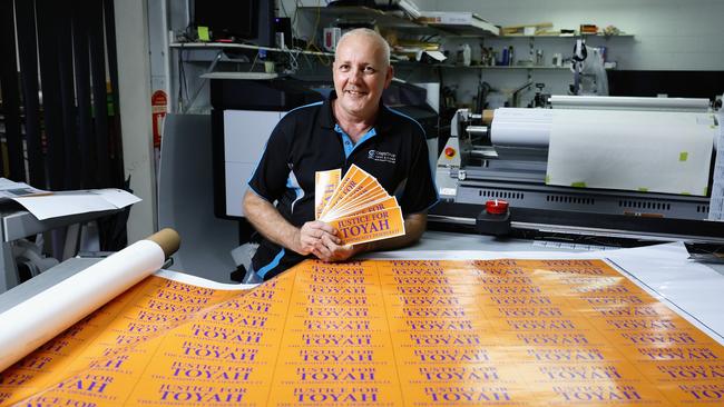 Owner of Copy Shop Print and Signs Steve Parsonage has begun a print run of 10,000 stickers which read: Justice for Toyah – the community deserves it. Picture: Brendan Radke