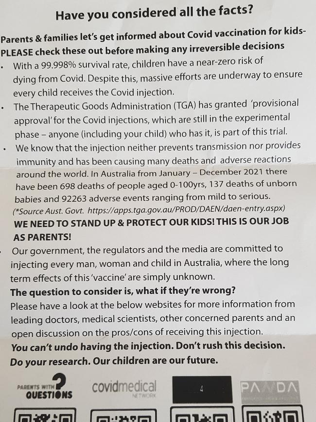 Anti vax letters dropped in Port Lincoln and Whyalla letterboxes. Picture: supplied