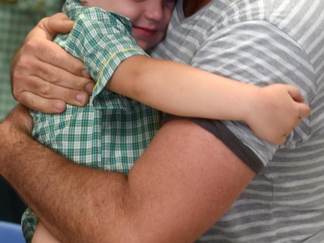 Prep school students first day at Annandale Christian College.Leith Jurgens with Harrison, 4. Picture: Evan Morgan