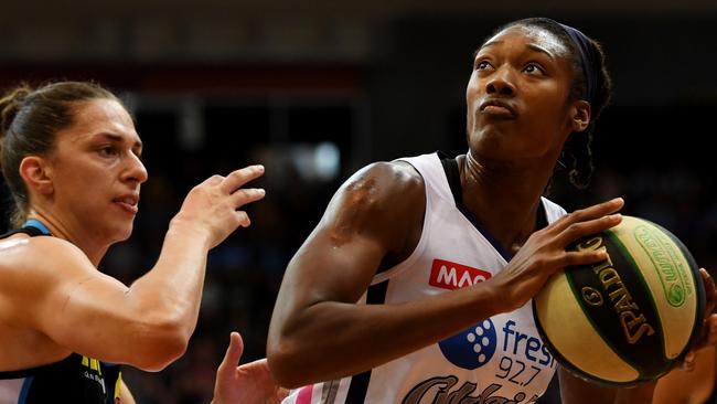 Kayla Alexander of Adelaide Lightning shoots during game three of the WNBL Grand Final series between UC Capitals and the Adelaide Lightning at AIS Arena. Picture: Tracey Nearmy/Getty Images