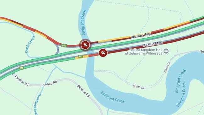 Live traffic shows the site where a 49-year-old woman survived one crash only to be struck by a tuck after leaving the scene at West Ballina.