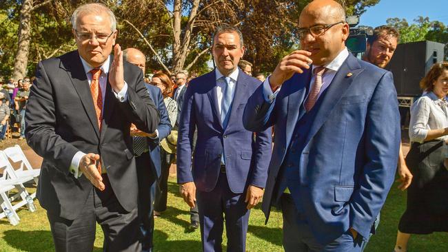 Sanjeev Gupta, right, pictured in 2019 with Prime Minister Scott Morrison and South Australia Premier Steven Marshall. Picture: Tom Huntley