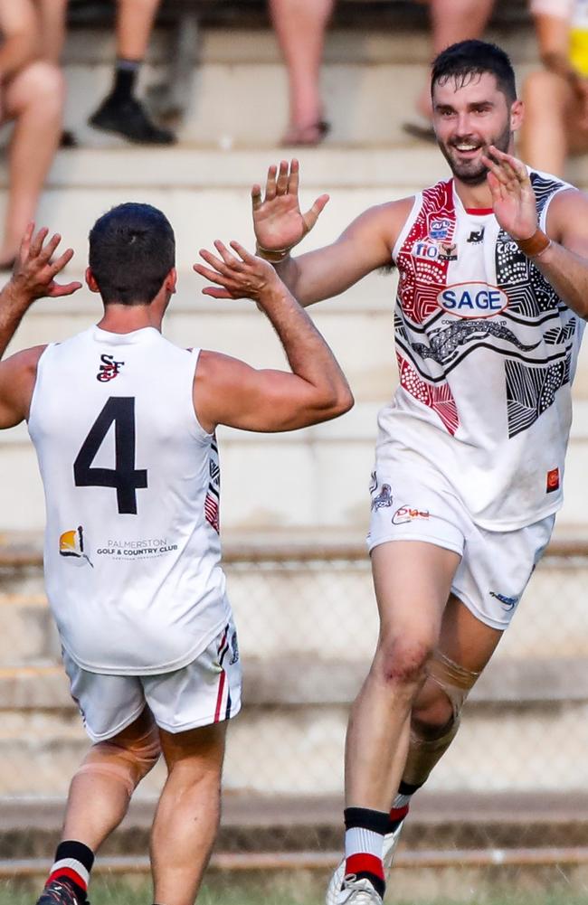 Southern Districts forward Jarrod Brander celebrates a goal in the 2022-23 NTFL season. Picture: Celina Whan / AFLNT Media