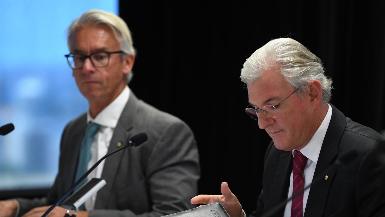 Football Federation Australia (FFA) CEO David Gallop (left) and Chairman Steven Lowy (right) are seen during the FFA Annual General Meeting