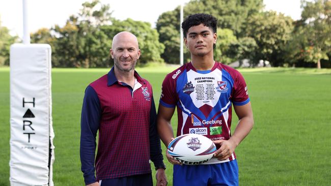 Coach Mick Roberts with Karl Olouapu, Wavell Heights. Picture: Liam Kidston