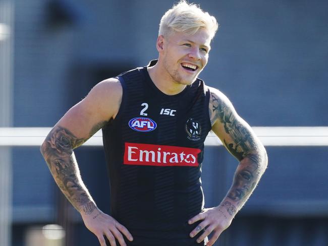 Jordan de Goey of the Magpies reacts during a Collingwood Magpies AFL training session at Olympic Park, in Melbourne, Tuesday, June 9, 2020. (AAP Image/Michael Dodge) NO ARCHIVING