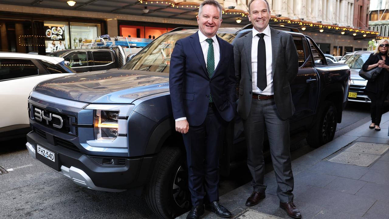 Minister for Climate Change and Energy Chris Bowen and BYD chief executive David Smitherman with the BYD Shark. Photo: Supplied