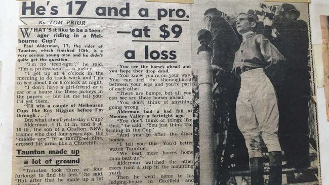 An early newspaper clipping of an article about the teenage Alderman riding at the Melbourne Cup.