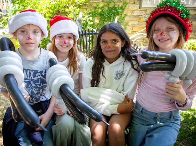 ADELAIDE, SOUTH AUSTRALIA - Advertiser Photos DECEMBER 20, 2024: Ethan 9yrs, Ava 11yrs, Nyzzariyah 11yrs and Tenaish 11yrs at KickStart For Kids Christmas Party hosted by Bird In Hand Winery in Woodside, SA. Picture: Emma Brasier