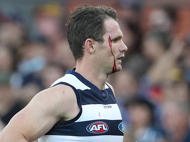 ADELAIDE, AUSTRALIA - MARCH 20: Patrick Dangerfield of the Cats comes off with blood rule during the 2021 AFL Round 01 match between the Adelaide Crows and the Geelong Cats at Adelaide Oval on March 20, 2021 in Adelaide, Australia. (Photo by Sarah Reed/AFL Photos via Getty Images)