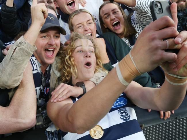 Sam De Koning celebrates on grand final day. Picture: Mark Wilson