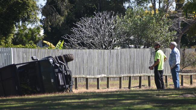 Police and detectives swarmed on the quiet Bundaberg suburb of Kalkie after a stolen council work car was crashed in the park on Kingsford St. Witnesses observe the crash scene.