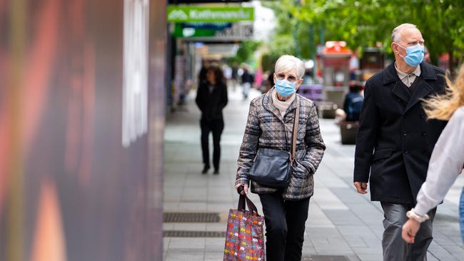 Shoppers wearing face masks at Rundle Mall. Picture: The Advertiser/ Morgan Sette