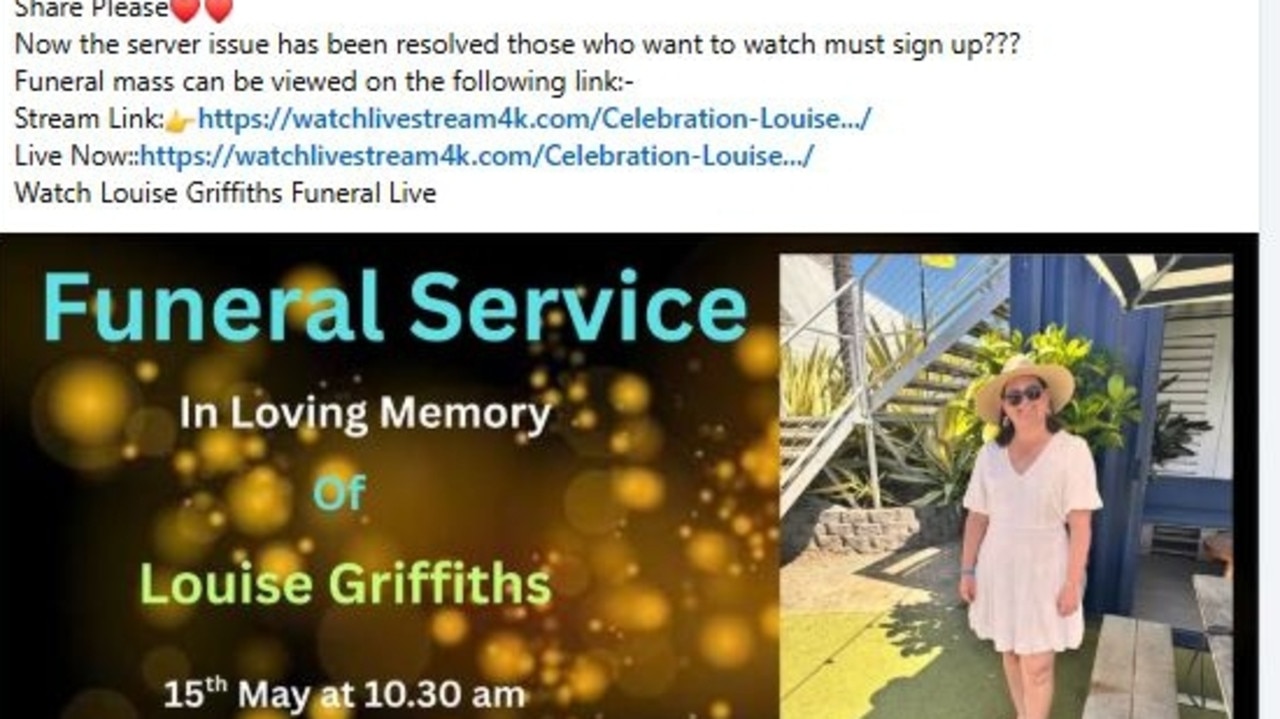 Post using Louise Griffith's funeral to scam Facebook users.