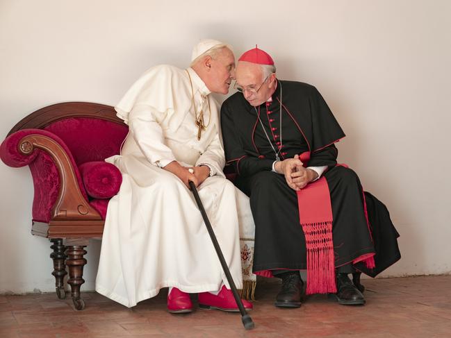 Anthony Hopkins and Jonathan Pryce in a scene from the Netflix drama The Two Popes.