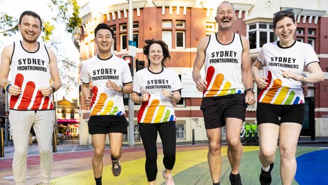 Sydney Frontrunners Denis Dimitrov, Stephen Kung, Courtney Regan, Rachel Power and Rob Roelofs. One of Australia's oldest LGBTQI+ run clubs, takes on the Sydney Marathon. Picture: Monique Harmer