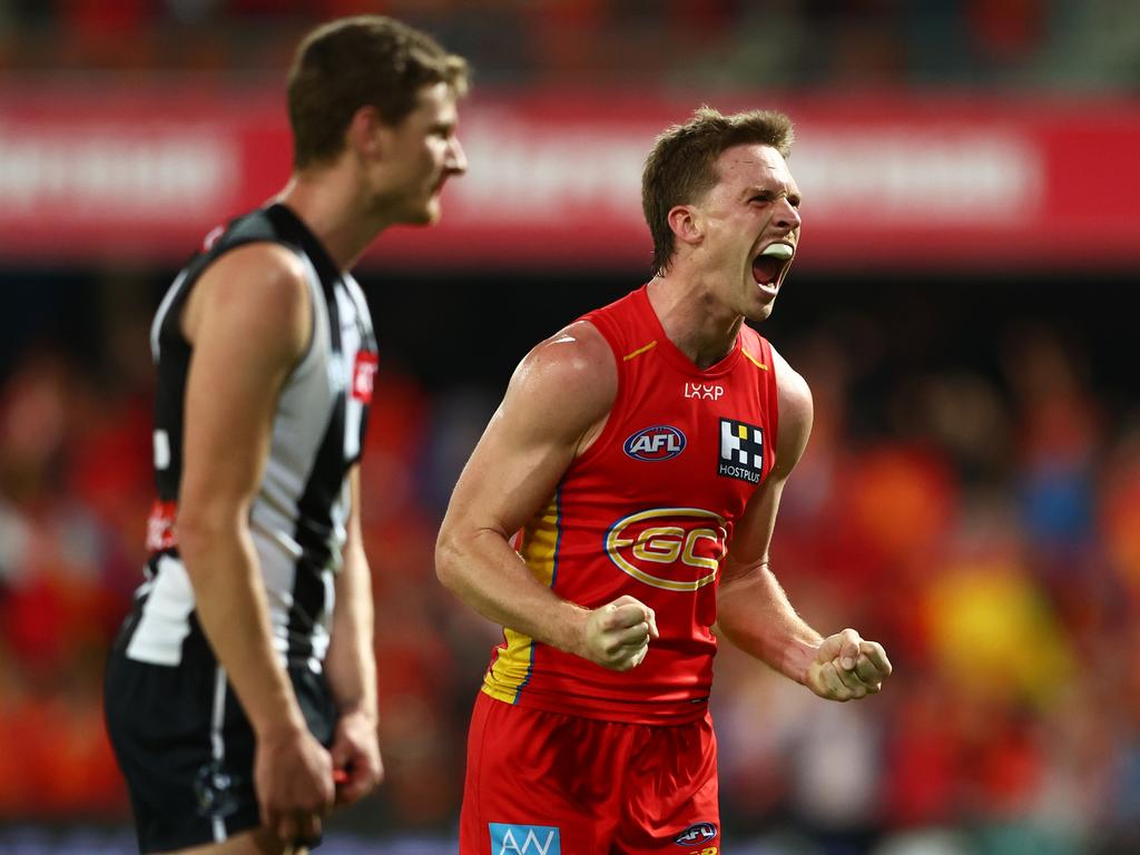 GOLD COAST, AUSTRALIA - JUNE 29: Noah Anderson of the Suns celebrates winning the round 16 AFL match between Gold Coast Suns and Collingwood Magpies at People First Stadium, on June 29, 2024, in Gold Coast, Australia. (Photo by Chris Hyde/Getty Images)