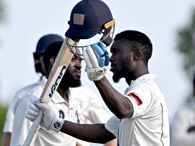 PEGSÃ Carlos Maynard celebrates after scoring 100 runs during the VTCA Sydenham-Hillside v PEGS cricket match in Hillside, Saturday, Feb. 11, 2023.Picture: Andy Brownbill