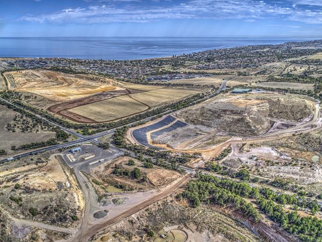 Drone images of the Southern Waste Depot landfill site, about 4km west of McLaren Vale, showing construction of the new double-lined disposal cell (cell 3). The company Southern Waste Resourceco Pty Ltd has applied to the EPA to receive, treat and dispose of PFAS-contaminated solid waste at the site. Supplied: EPA