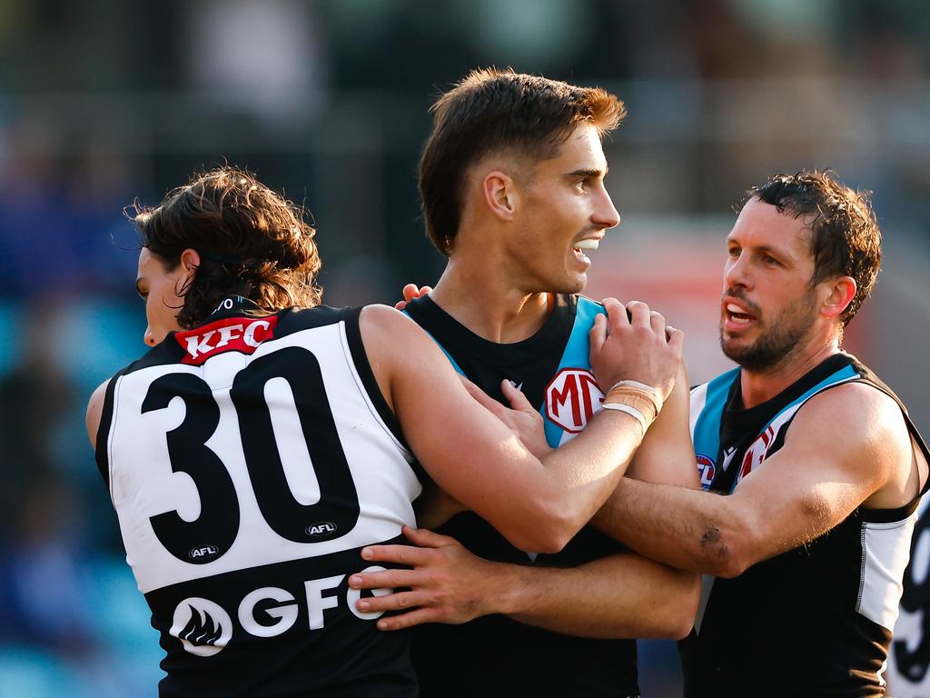 Brynn Teakle celebrates a goal with Port Adelaide. Picture: Dylan Burns/AFL Photos via Getty Images