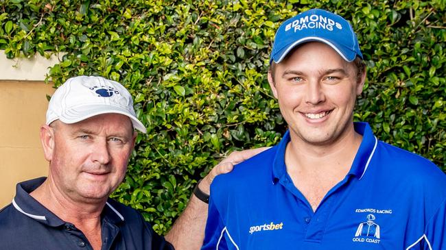 TO BE HELD FOR THE GOLD COAST BULLETIN'S MAGIC MILLIONS LIFTOUT ON SATURDAY. Father and son team Toby and Trent Edmonds at their stables on the Gold Coast ahead of Magic Millions race day. Picture by Luke Marsden.