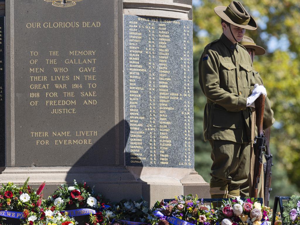 The Vigil is held by Toowoomba Grammar School Honour Guard during the Anzac Day mid-morning service at the Mothers' Memorial, Thursday, April 25, 2024. Picture: Kevin Farmer