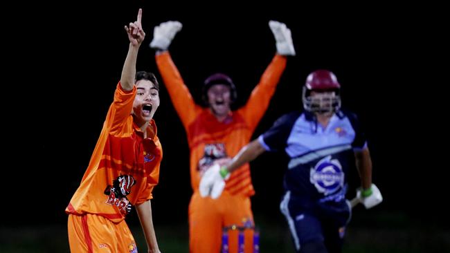 Barrier Reef Big Bash Game 1: Badgers v Hurricanes at Griffiths Park. Badgers bowler Aidan Beach and keeper Angus Warnock successfully appeal the LBW wicket of Hurricanes' Barry Weare. Picture: Stewart McLean