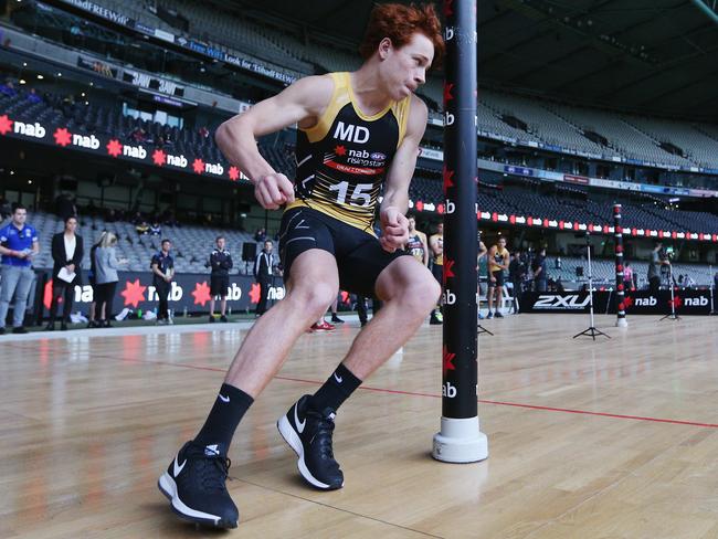 Ed Richards complete the agility test at the draft combine. Picture: Michael Dodge/Getty Images