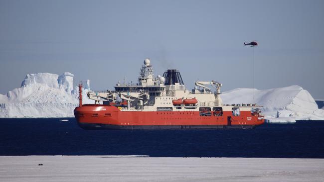 RSV Nuyina moving through ice, arriving in Prydz Bay off Davis research station. Picture: Jamie Terry/AAD