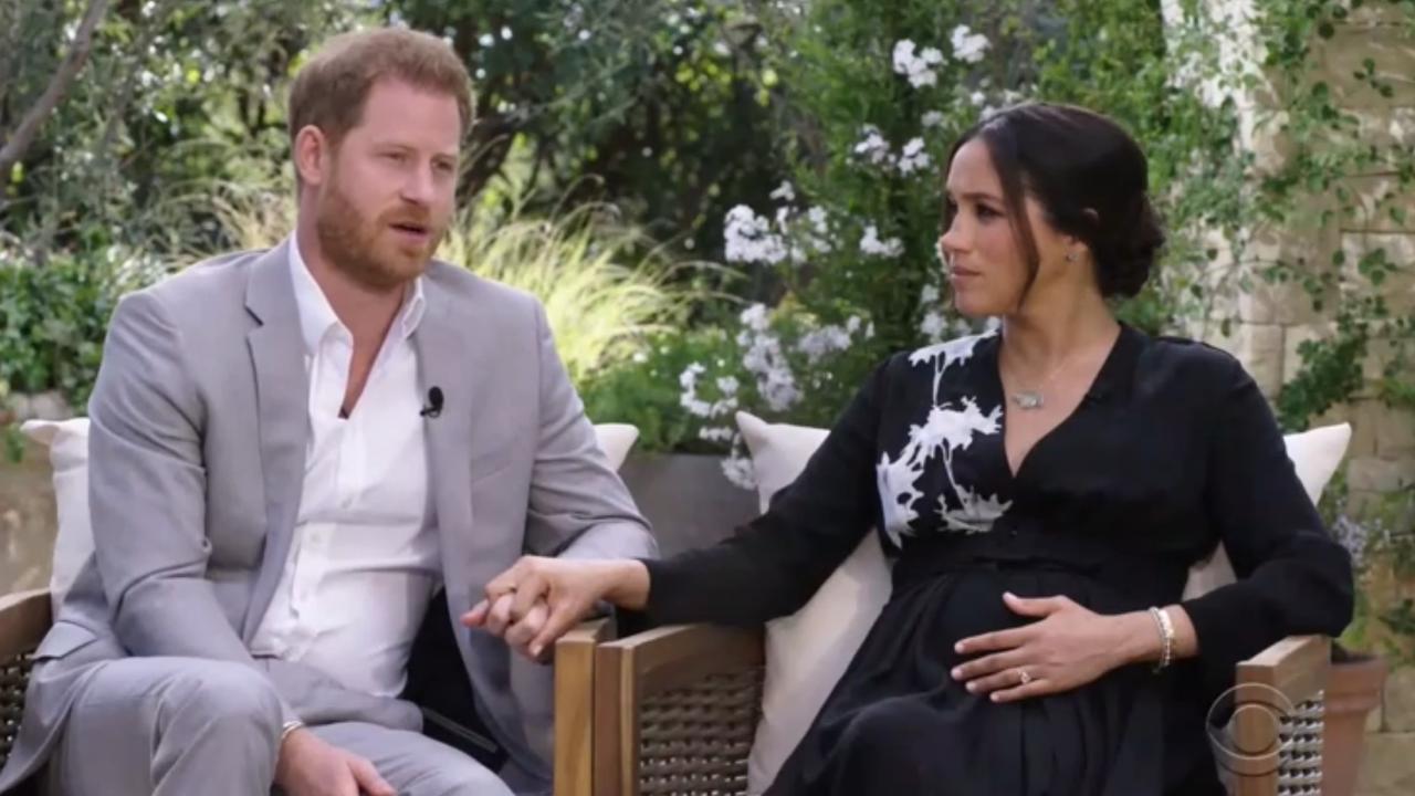 Prince Harry and Meghan during their tell-all with Oprah. Picture: Supplied