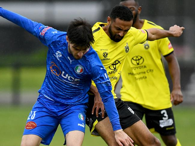 Kristian Trajceski of Avondale competes for the ball during the round 22 NPL VIC Mens match between Heidelberg United and Avondale at John Cain Memorial Park in Thornbury, Victoria on July 15, 2023. (Photo by Josh Chadwick)